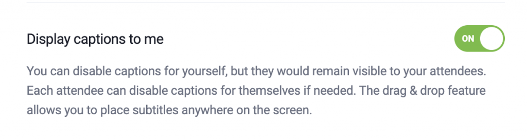 Live transcription settings with captions display option enabled